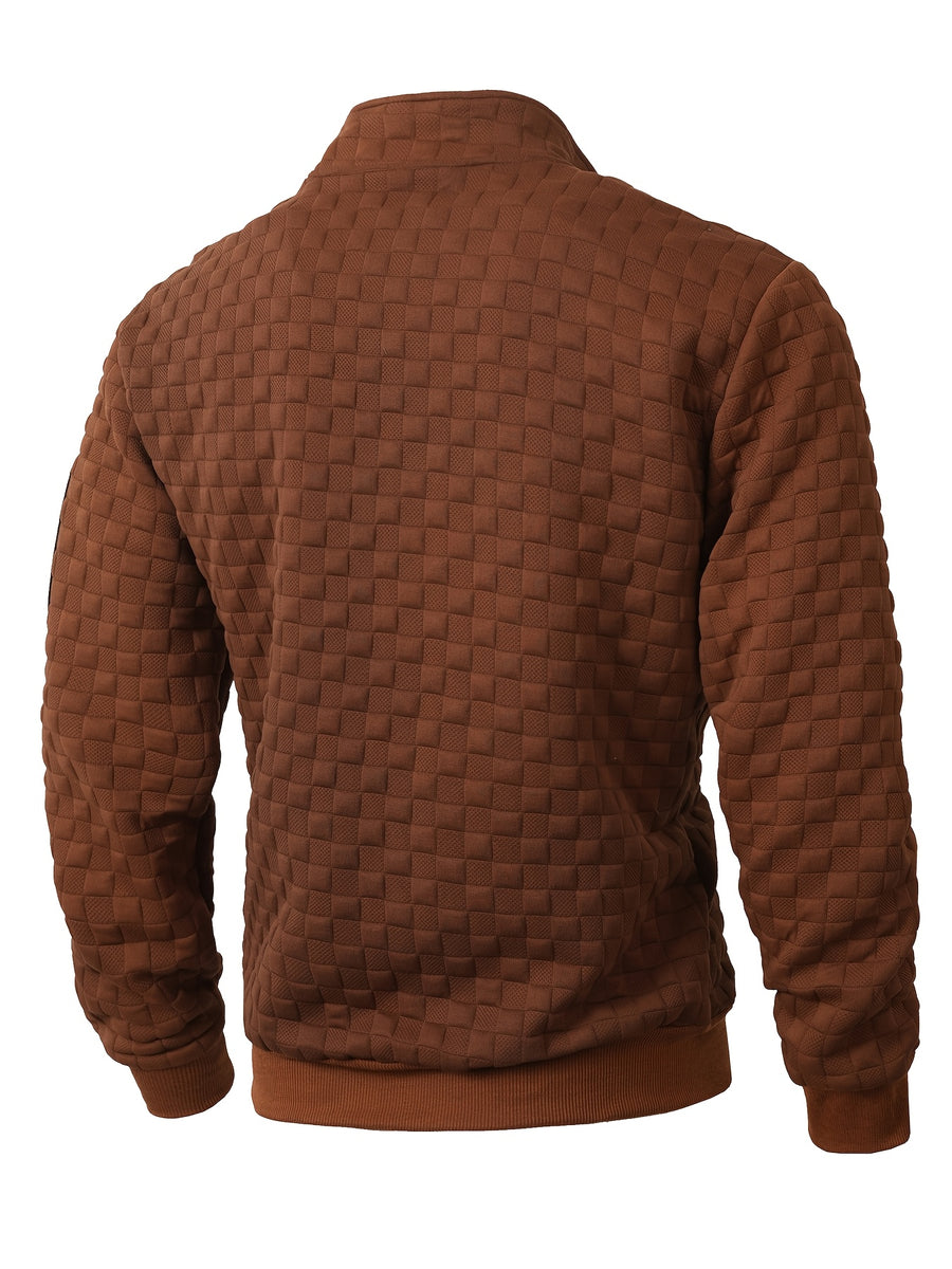 Autumn Men'S Waffle Half-Zip Stand Collar Sweatshirt, Casual Loose Textured Pullover Top Jacket, Gift for Husband Or Father - Coffee Color