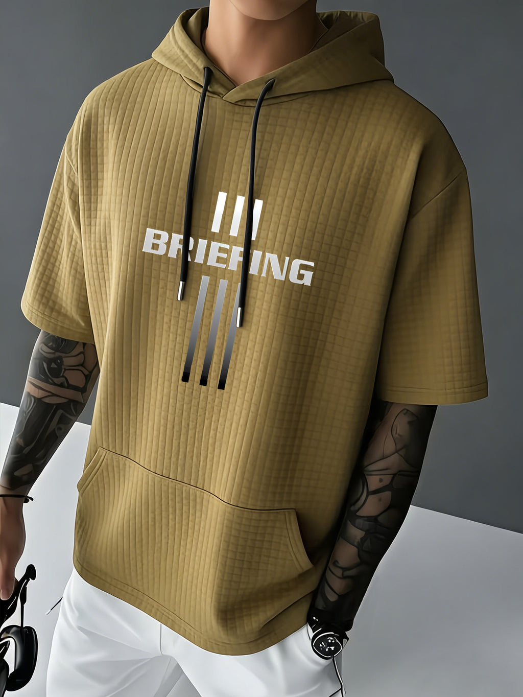 BRIEFING Men's Waffle Knit Short Sleeve Hoodie Top, Comfortable Printed Drawstring Sweatshirt T-Shirt with Pocket, Summer Casual Fashion Men's Apparel, Suitable for Outings and Home Wear, Suitable for Daily and Formal Wear, Simple Summer Fashion - Khaki