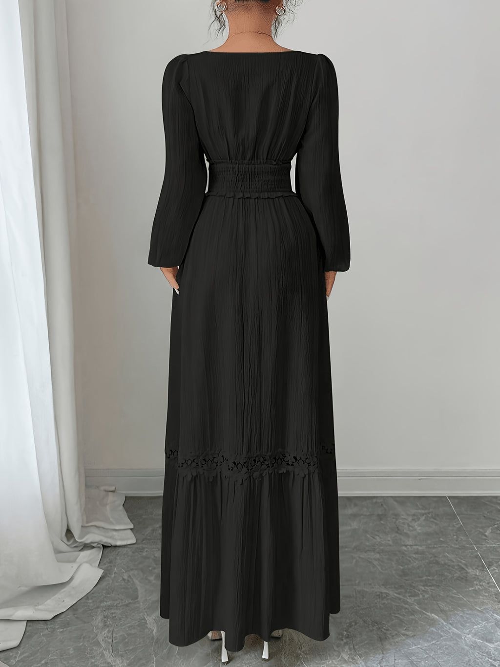 New Spring/autumn Cream Yellow French Ruffle Square Neckline Elegant Slim-fit Long-sleeved Dress, Women's Autumn - Black