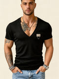 Versatile Vertical Stripe Short-Sleeve T-Shirt for Men, Deep V-Neck Textured Slim Fit Top for Commuting and Fitness - Black 10