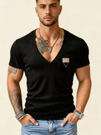 Versatile Vertical Stripe Short-Sleeve T-Shirt for Men, Deep V-Neck Textured Slim Fit Top for Commuting and Fitness - Black 10