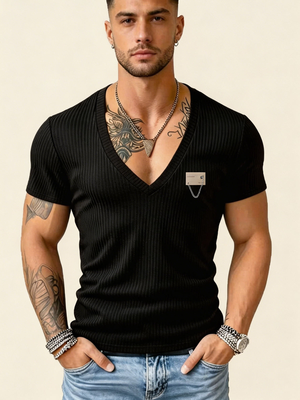 Versatile Vertical Stripe Short-Sleeve T-Shirt for Men, Deep V-Neck Textured Slim Fit Top for Commuting and Fitness - Black 10
