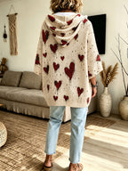 Plus Size, 2026 Women's Autumn/Winter Heart Print Hooded Three-Quarter Sleeve Cape Sweater Top with Drawstring, Lazy Style, Loose Fit,, Fashionable, Versatile, Casual, Commuting, Vacation, Plus Size Sweater Top for Women - Apricot