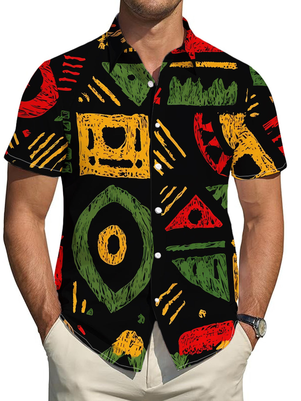 This Shirt Features a Black Base with Red, Yellow, and Green Geometric Prints, Showcasing a Unique Style - Multicolor