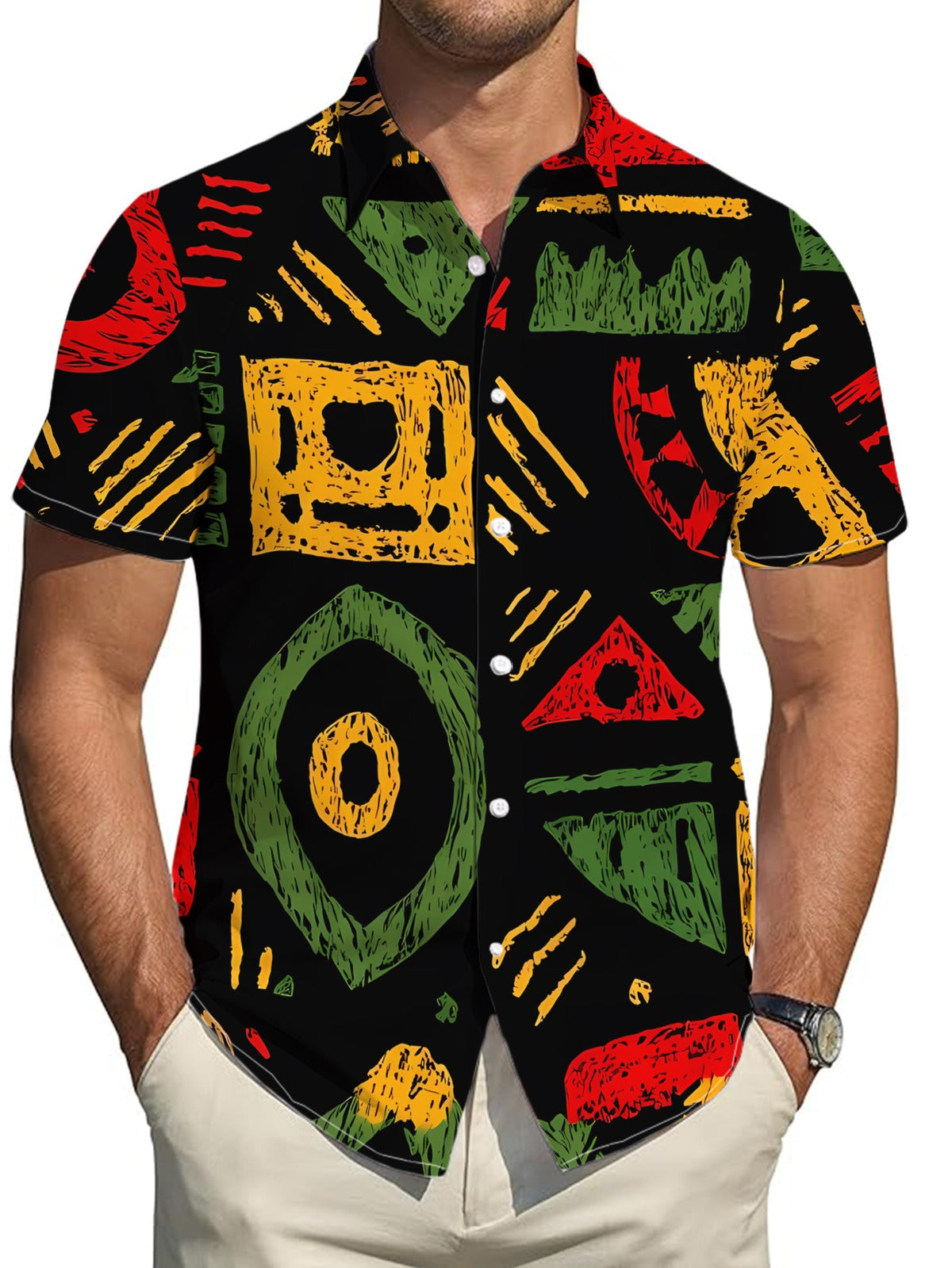 This Shirt Features a Black Base with Red, Yellow, and Green Geometric Prints, Showcasing a Unique Style - Multicolor