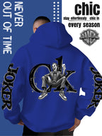 Men'S Hooded Sweatshirt, Western Trendy Cool Black And White Sketch Joker Theme Print, Sleeves with Same Series Splatter Art Lettering, Breathable And Skin-Friendly Fabric, Showcasing ' Fashion Sense, Ideal Gift for Holidays And Birthdays - Royal Blue