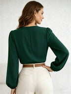 Princess Sleeve Loose Top 2026 Summer New Arrival Women's Versatile Top, Hollow V-Neck Long Sleeve Women's Shirt, French-Style Vintage Puff Sleeve Blouse, Maillard Style Versatile Elegant Top, French-Style Vintage Style, Maillard Casual Style - Dark Green