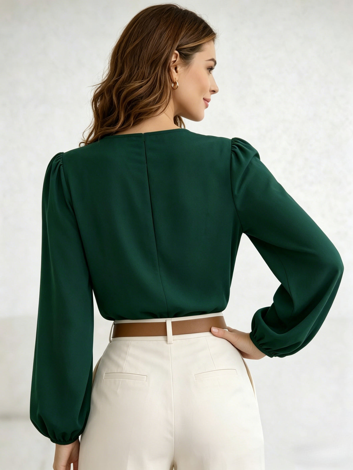 Princess Sleeve Loose Top 2026 Summer New Arrival Women's Versatile Top, Hollow V-Neck Long Sleeve Women's Shirt, French-Style Vintage Puff Sleeve Blouse, Maillard Style Versatile Elegant Top, French-Style Vintage Style, Maillard Casual Style - Dark Green