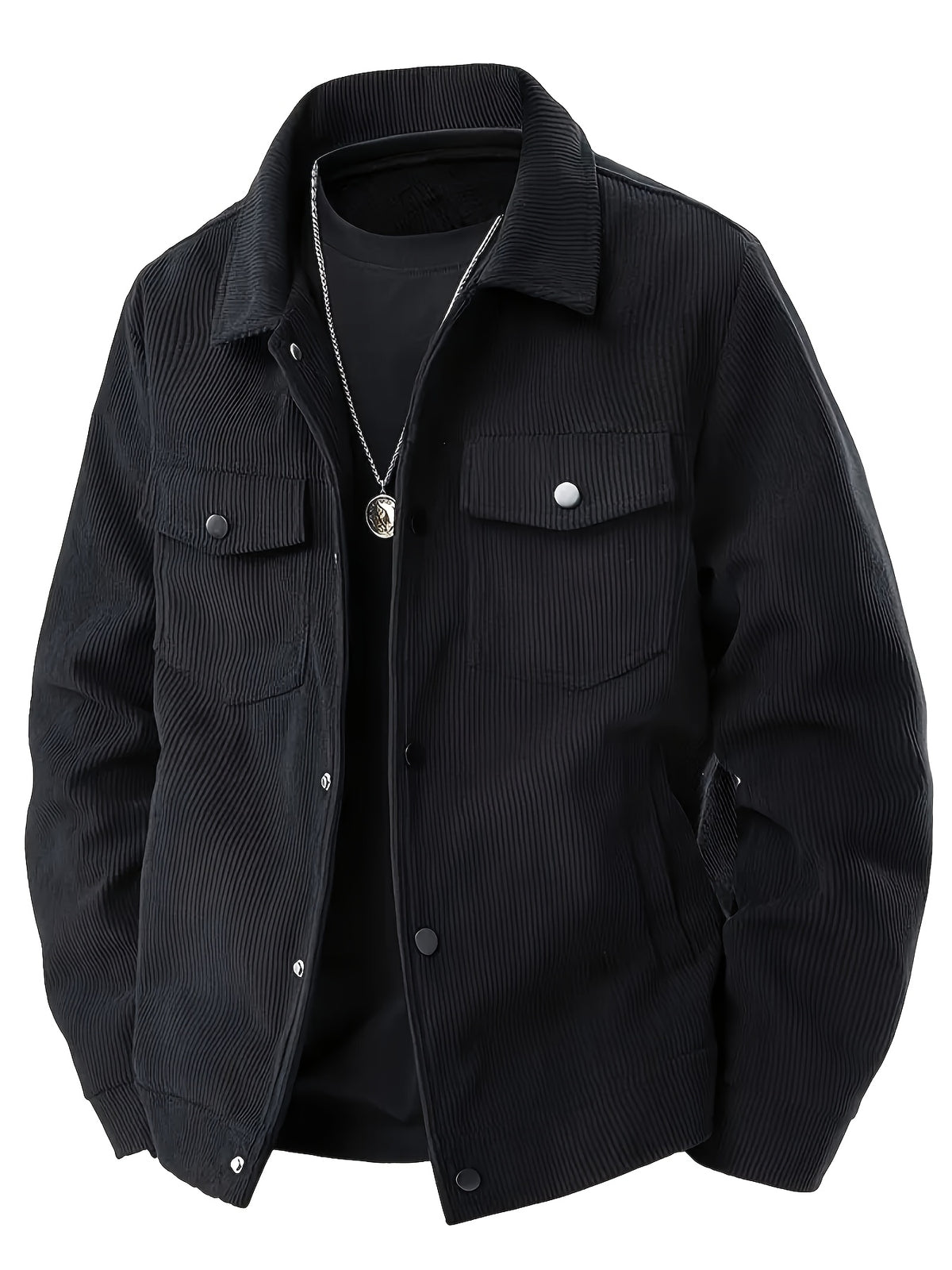 2pcs Men'S Corduroy Jacket Outerwear, Autumn Winter Warm Lapel Jacket, Multi-Pockets Top, Suitable for Casual Wear, Gift Option (2pcs Set, No Box) - Black + Khaki