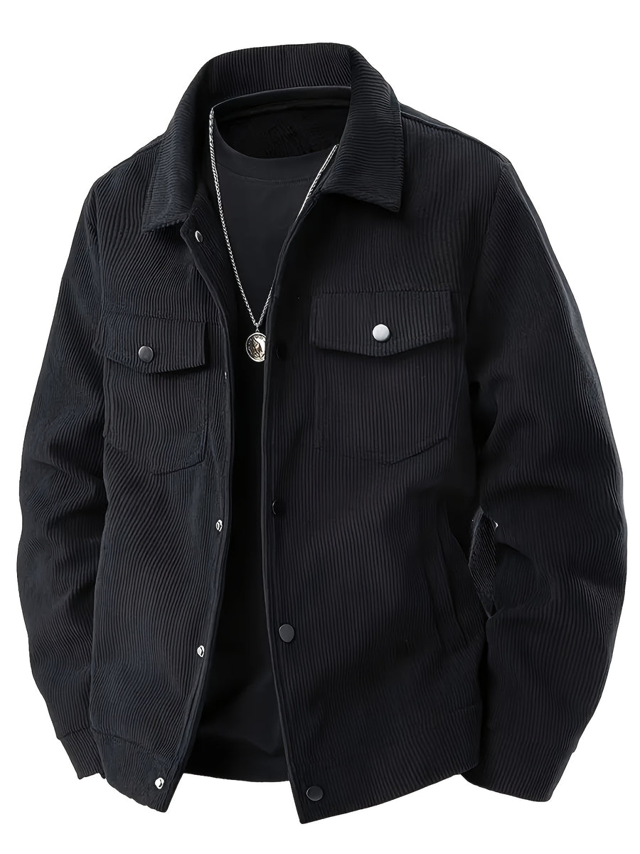 2pcs Men'S Corduroy Jacket Outerwear, Autumn Winter Warm Lapel Jacket, Multi-Pockets Top, Suitable for Casual Wear, Gift Option (2pcs Set, No Box) - Black + Khaki