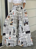 Newspaper Print Wide Leg Pants with Pockets | High Waist, Non-Stretch, Machine Washable, All-Season - White