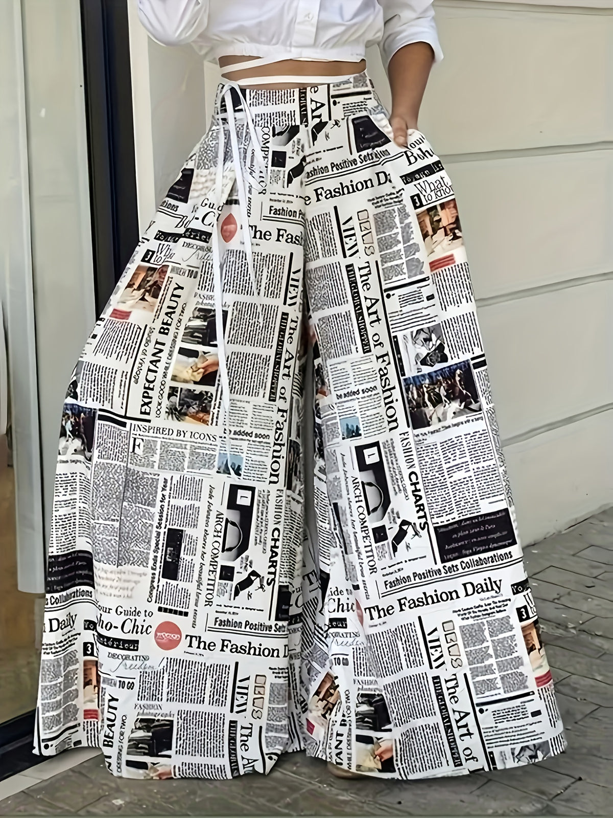 Newspaper Print Wide Leg Pants with Pockets | High Waist, Non-Stretch, Machine Washable, All-Season - White