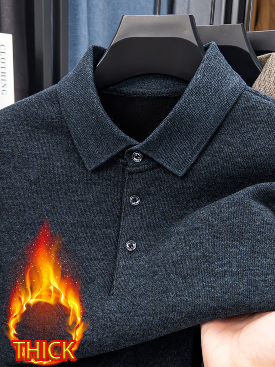 Men's -lined Lapel Polo Knit Sweater, with Plush Inner Lining, for Autumn and Winter Cold Protection. Suitable for Wearing Alone in Late Autumn and Early Winter, or as a Base Layer in Winter. Keeps You Warm Without Adding Bulk - Blue Grey