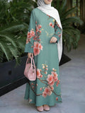Women'S Hot Middle Eastern Style Muslim Elegant Robe, Pea Green Background with Peach Blossom Branch Print Dress, Grand Light Luxury Long Sleeve Flared, for Prayer, Banquet, And Daily Outings, Breathable And Durable Non- Craft - Mixed colors