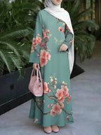 Women'S Hot Middle Eastern Style Muslim Elegant Robe, Pea Green Background with Peach Blossom Branch Print Dress, Grand Light Luxury Long Sleeve Flared, for Prayer, Banquet, And Daily Outings, Breathable And Durable Non- Craft - Mixed colors