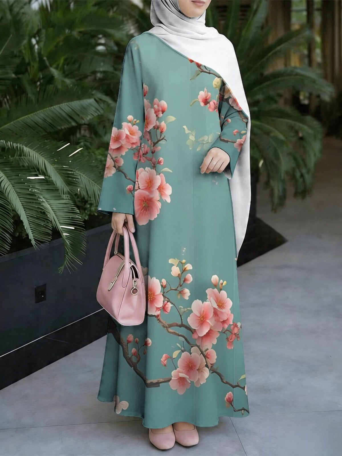 Women'S Hot Middle Eastern Style Muslim Elegant Robe, Pea Green Background with Peach Blossom Branch Print Dress, Grand Light Luxury Long Sleeve Flared, for Prayer, Banquet, And Daily Outings, Breathable And Durable Non- Craft - Mixed colors