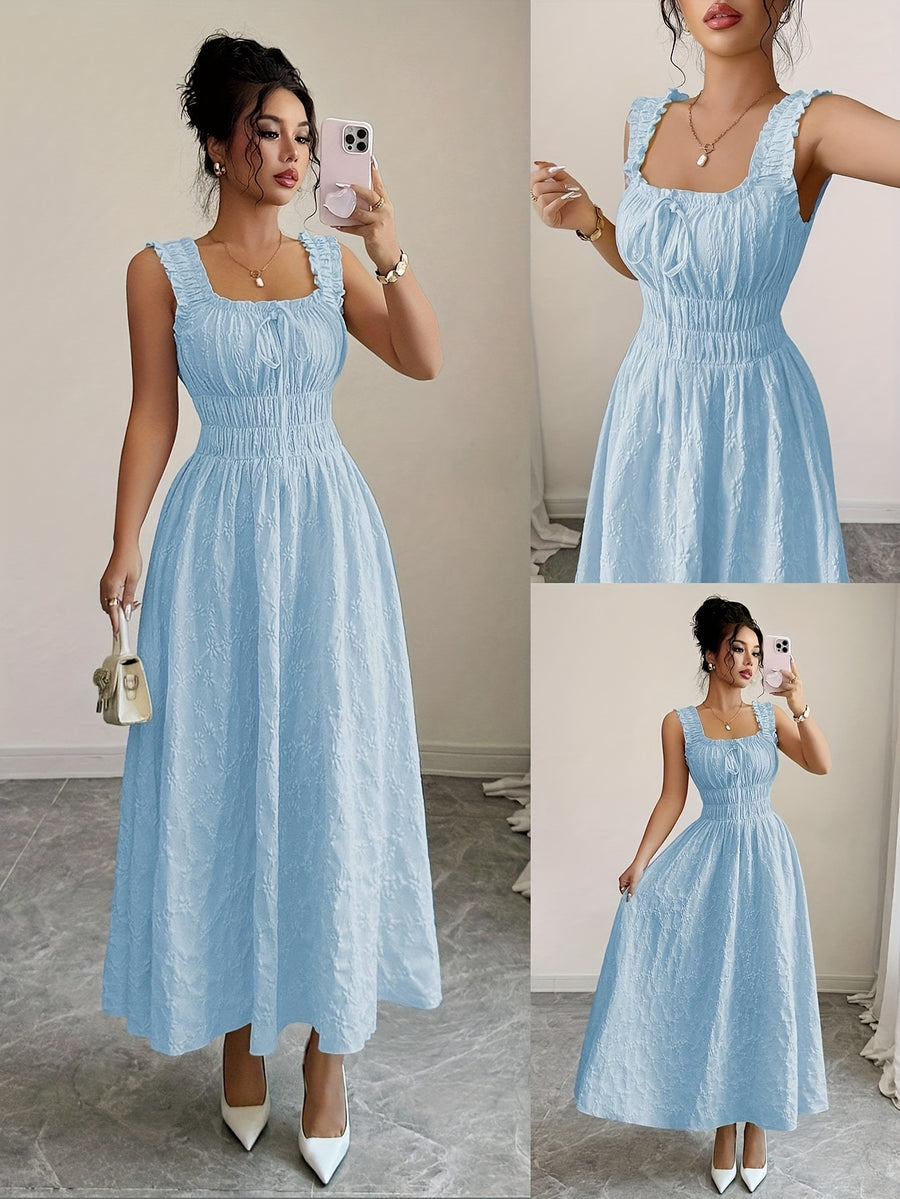 New Women's Textured Floral Fabric, Spaghetti Strap with Bow Waist Design - Elegant and Versatile Women's Dress - Elegant Party Wear, Date Night, 1pc, Buen Fin Shopping Festival, New Year's Daily Wear, Parties, Wedding Night, Stylish and Versatile - Light Blue