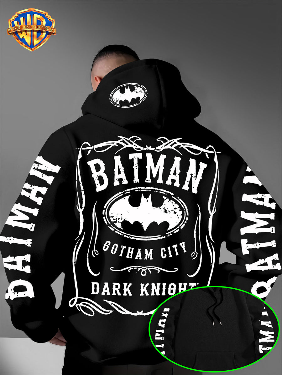 Warner Bros. Authorized American Cool Batman Retro Border Printed Hooded Sweatshirt with Adjustable Drawstring, Comfortable And Warm, Fashionable And Versatile Men'S Casual Sweatshirt, Suitable for Autumn And Winter Wear - Black