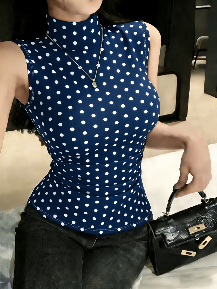 Single Piece Fashion Polka Dot Sleeveless High-Neck Vest, Comfortable And Soft, Suitable for Spring And Summer Festive Wear, Easy Casual Versatile Daily Commute Outfit - Navy Color