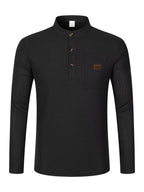 Josh Mei Selection: 2026 New Men's Stand Collar Waffle Texture Long Sleeve Shirt, Three-Button Half Open Lapel with Pocket, Lightweight and Comfortable Basic Top for Daily Outings - Black