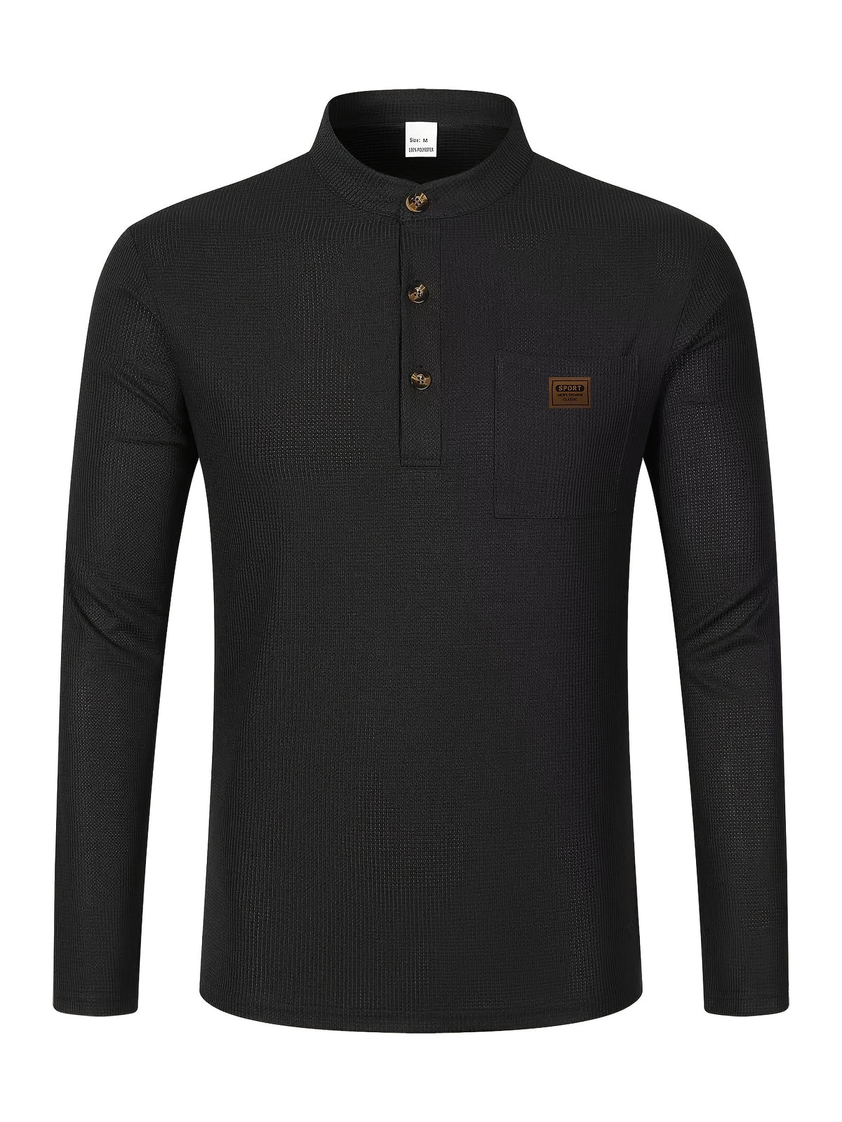 Josh Mei Selection: 2026 New Men's Stand Collar Waffle Texture Long Sleeve Shirt, Three-Button Half Open Lapel with Pocket, Lightweight and Comfortable Basic Top for Daily Outings - Black