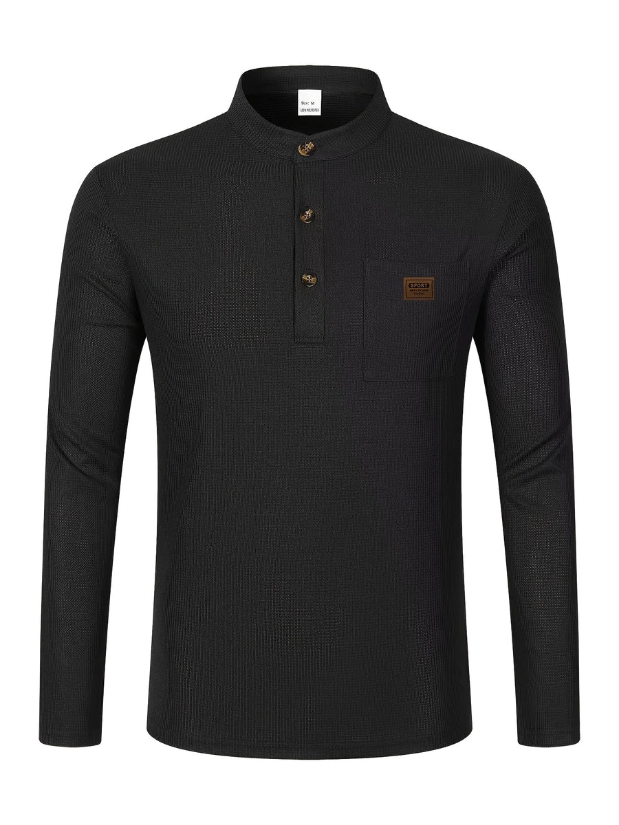 Josh Mei Selection: 2026 New Men's Stand Collar Waffle Texture Long Sleeve Shirt, Three-Button Half Open Lapel with Pocket, Lightweight and Comfortable Basic Top for Daily Outings - Black