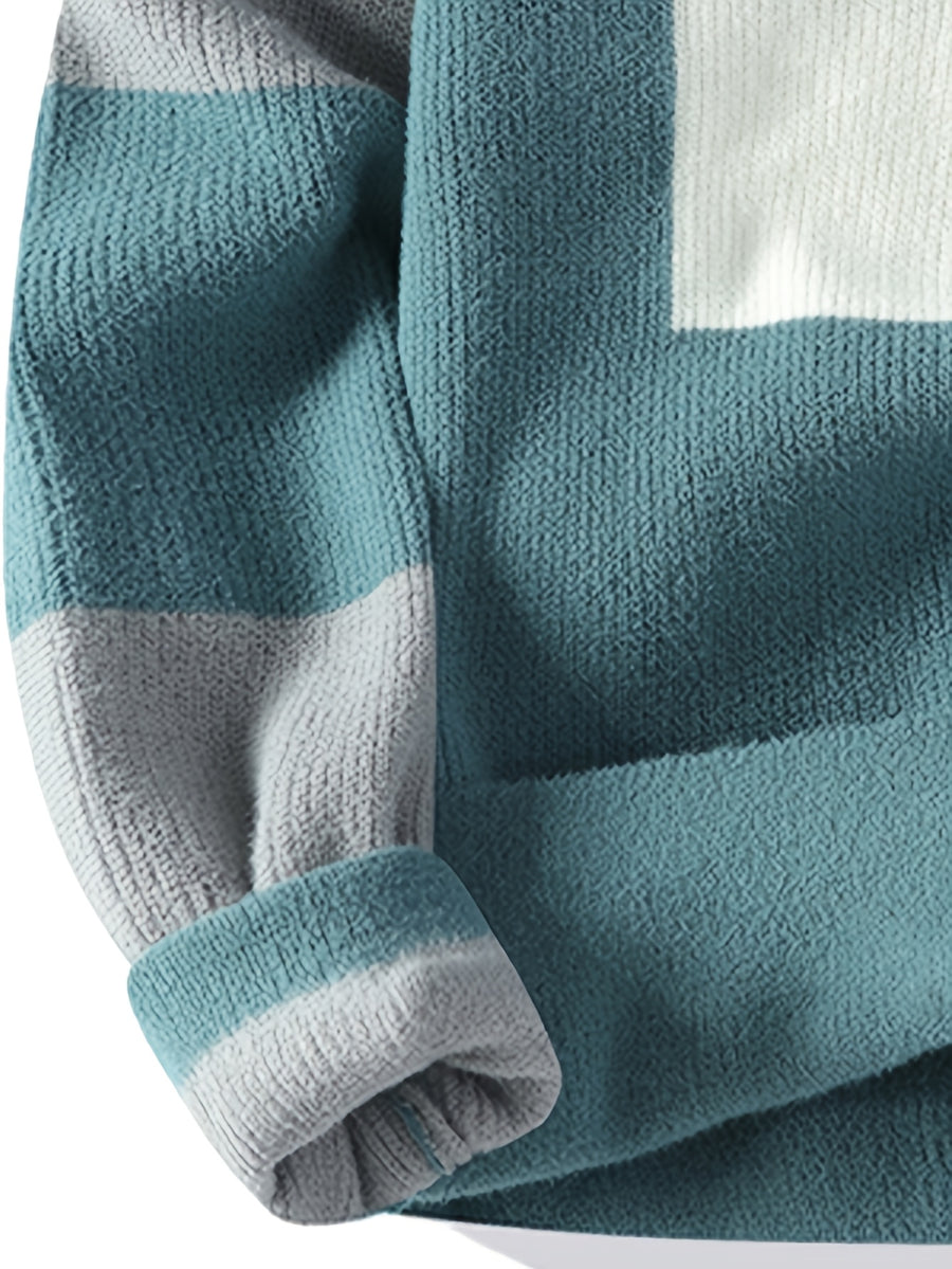 Men'S Round Neck Jacquard Sweater 2026 Autumn And Winter New Fashionable Contrasting Color Loose Thick Knitted Pullover Top - Green