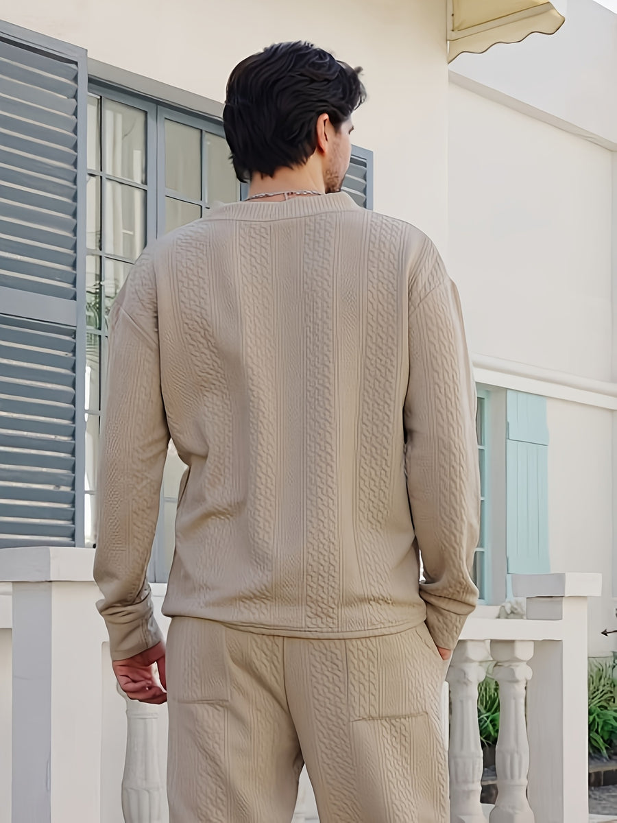 Fall Winter Men'S Casual Cable Knit Pullover, V-Neck Long Sleeve Textured Sweater with Ribbed Neckline, Cuffs, And Hem, Relaxed Everyday Top for Business Casual, Weekend, Dinner, Vacation, Travel, And Outdoor Walks - Khaki