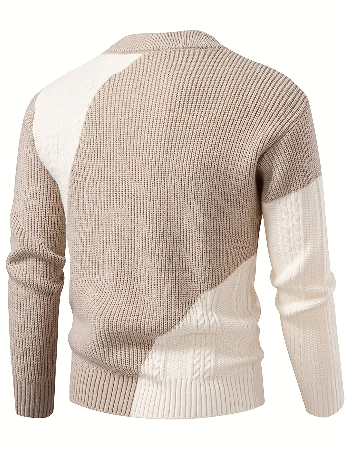 New Autumn-Winter Round Neck Men's Sweater, Fashion Casual Trendy Patchwork Knitwear, Warm Thick Stylish Loose Top - Beige