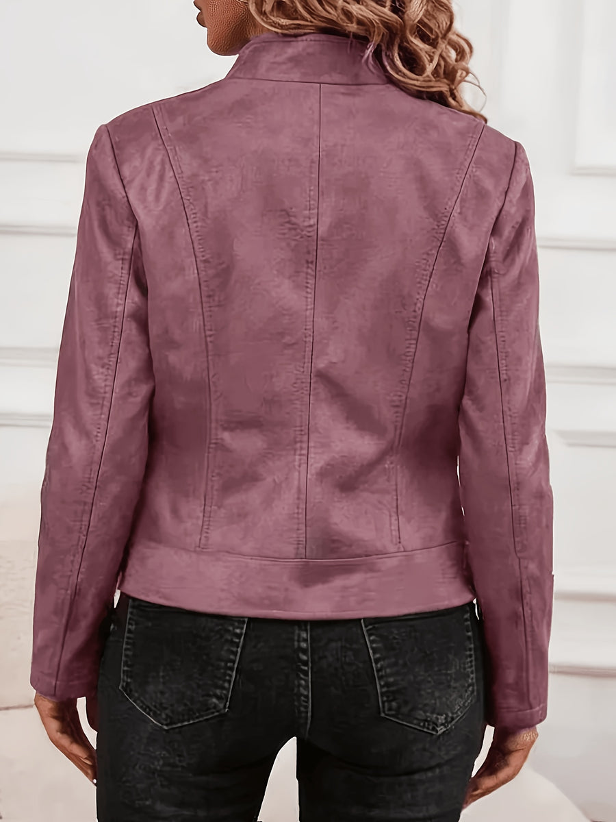 Plus Size Women'S Elegant Jacket - Soft Stretch Fabric, Metallic Zipper Design Spring/Autumn Outerwear - Purple Pink