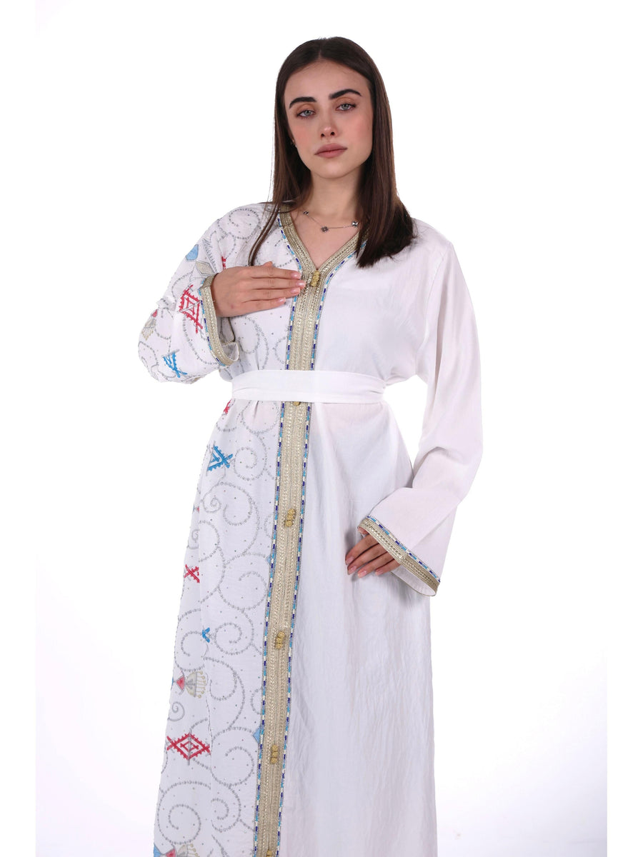 Middle East Women's New Traditional Style Dress Kaftan Robe Jalabiya Festival Evening Gown Abayas Suitable for Holiday Party Wear Women's Evening Dress, Casual Dress with belt - White
