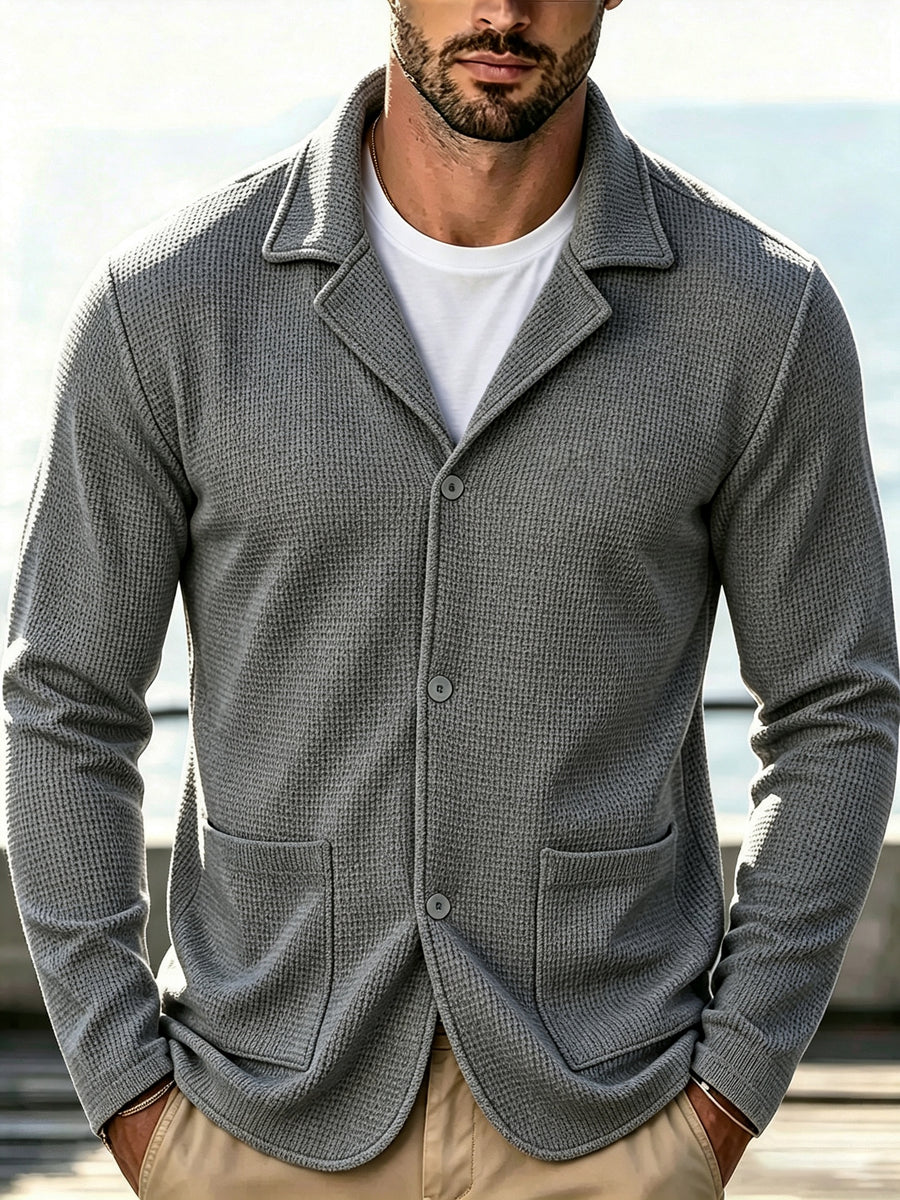 2pcs Men'S Spring Autumn New Waffle Check Blazer Collar Cardigan Single Button Double Pocket Business Casual All-Match Long Sleeve Jacket, Knit Soft Comfortable Fashion Solid Color Outerwear - Gray + Gray
