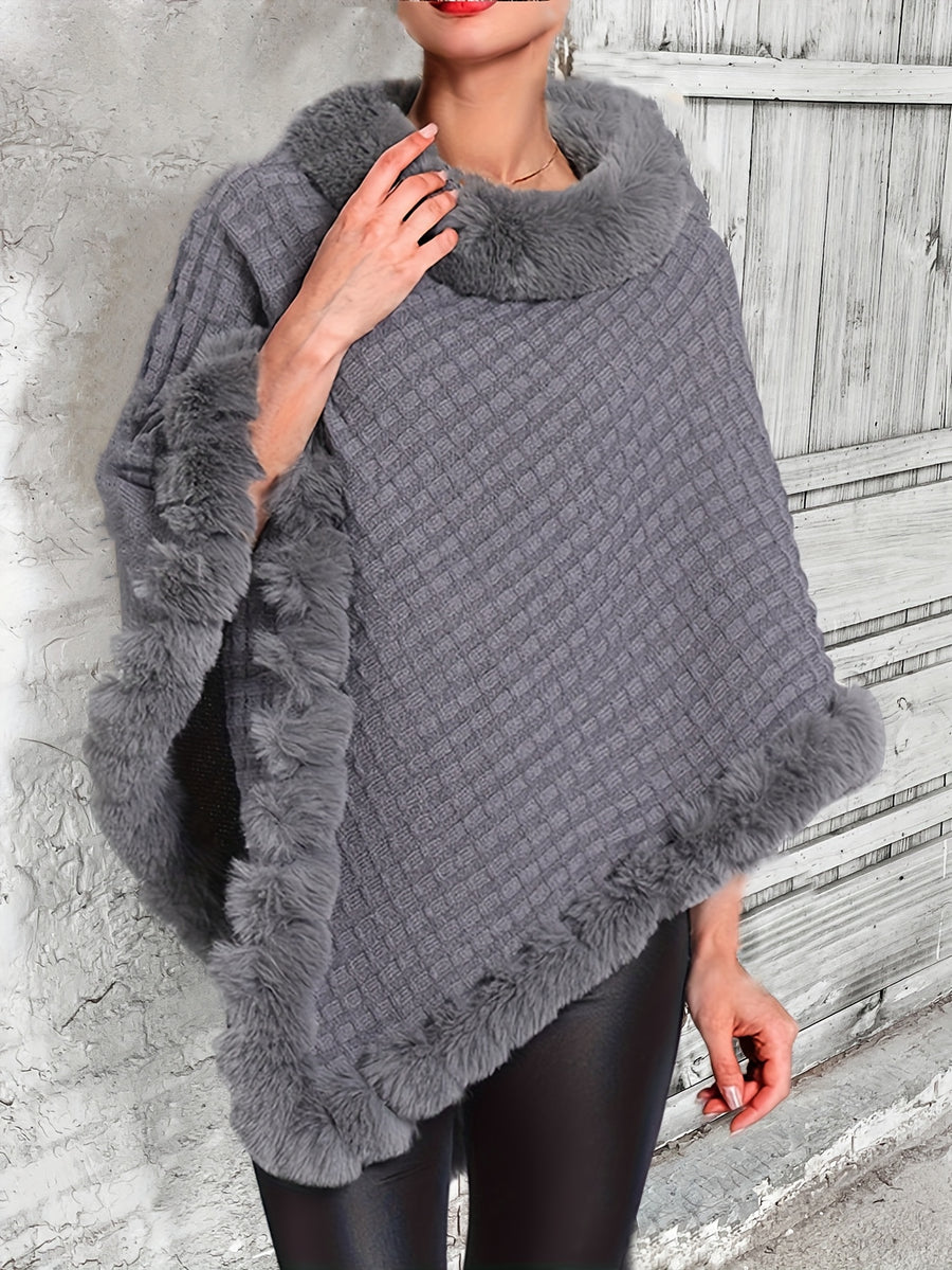 Women'S Elegant Faux Fur Collar Cape Coat - Soft Winter Coat with Plush Fur Trim, All-Season Chic Outerwear for Everyday & Formal Events - Grey