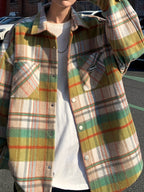23420 Men'S Fashion Casual Plaid Small Fragrant Style Long Sleeve Shirt - Khaki