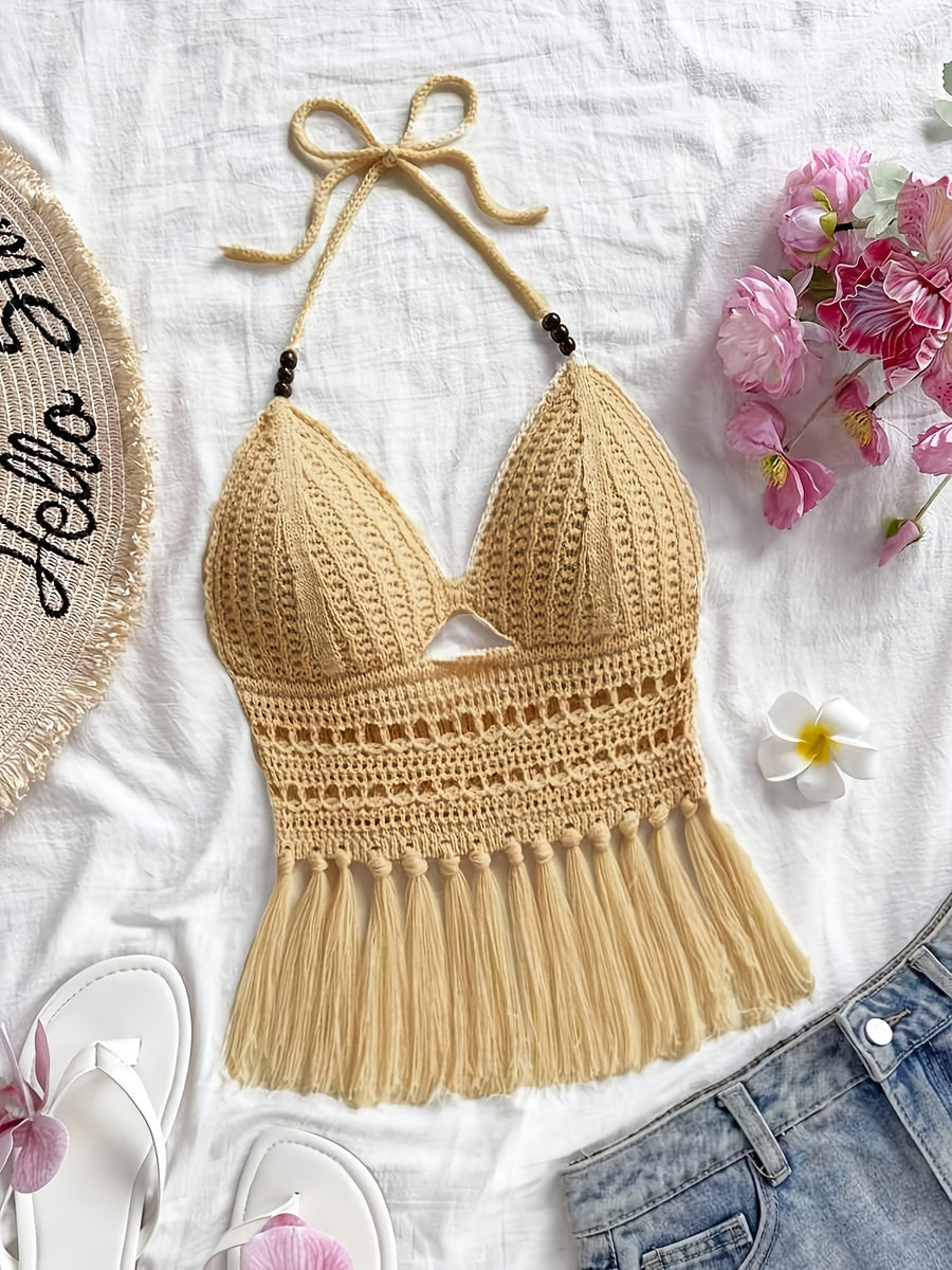 Spring Summer New Women'S Vacation Style Crochet Halter Top Solid Color Tassel Trim Hollow Out Beach Top, Bohemian Style, Date Outing, Valentine'S Day Gift, Music Festival Outfit, Mother'S Day, Beach Vacation [ASD1] - Khaki