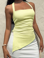 Women'S Casual Vacation Mechanically Fabric Irregular Hem Slit Halter Tie-Back Bow Cami - 【Light Yellow】