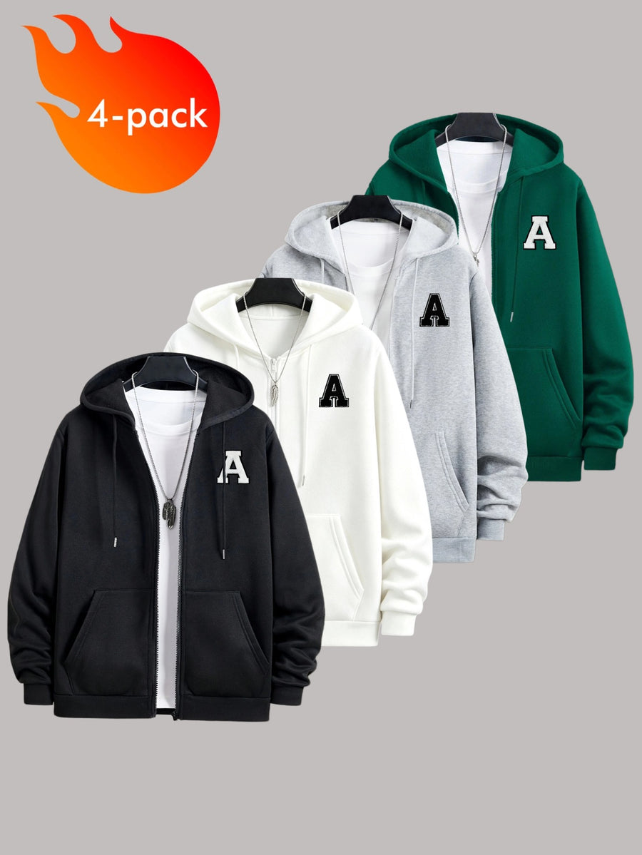 50% Cotton, 50% Polyester, 4pcs Men's Zippered Hooded -Lined Sweatshirt, Men's Apparel, Long-Sleeve Jacket, Zippered Top, Hooded Sweatshirt, Pockets, Drawstring, Suitable for Outings, Casual Wear, Back-to-School Season, Gift for Boyfriend - Black+white+light Gray+ink Green