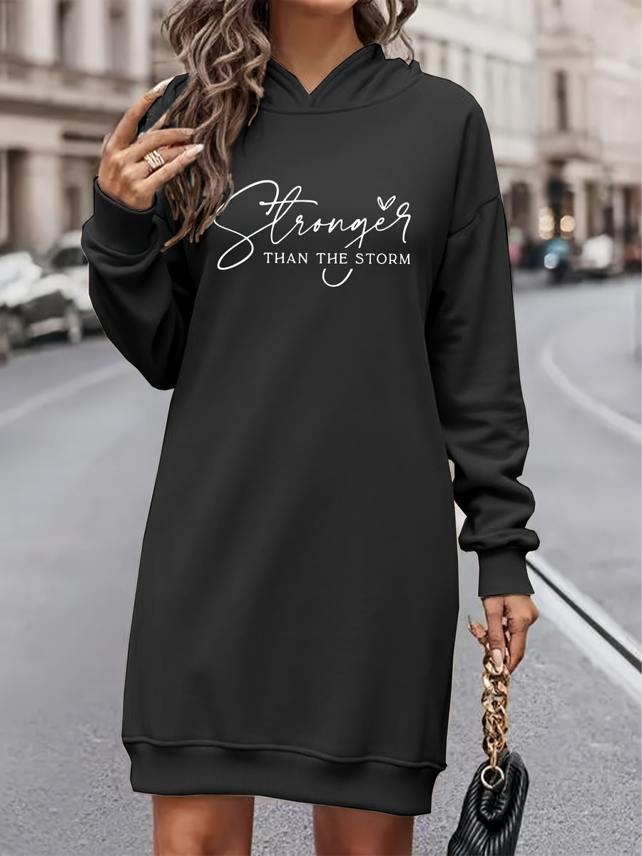 Women's Fashion Y Letter Print Hooded Sweatshirt Dress, Autumn/Winter High-End Stylish Streetwear Youthful -Lined Color-Block Hooded Sweatshirt, Casual Versatile Hoodie, Outerwear, Pullover, Long Sweatshirt, Elegant - Black