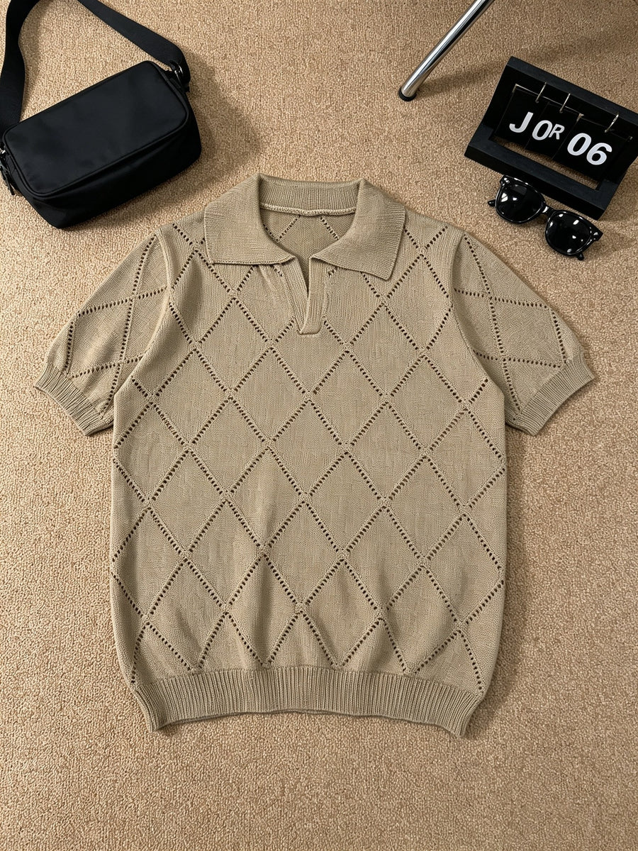 Men's Polo Collar Short Sleeve Knit Shirt, Textured Knit Top, V-Neck Lapel, Breathable Casual Pullover - Khaki
