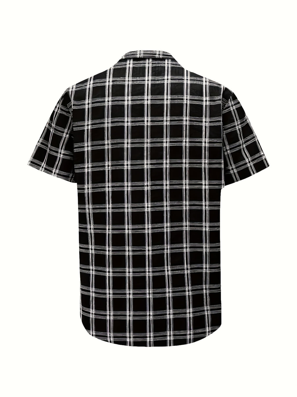 Men's casual 100% pure cotton striped checked shirt (suitable for casual wear during outings and weekend parties) Short-sleeved pocket design, button-down top - Black