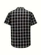 Men's casual 100% pure cotton striped checked shirt (suitable for casual wear during outings and weekend parties) Short-sleeved pocket design, button-down top - Black