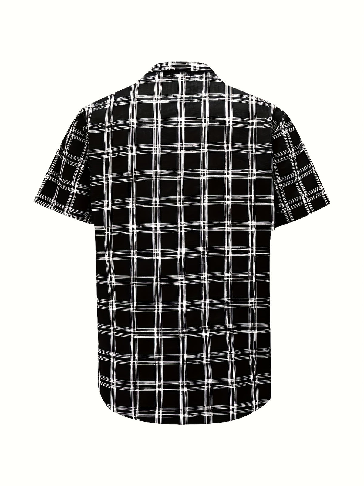 Men's casual 100% pure cotton striped checked shirt (suitable for casual wear during outings and weekend parties) Short-sleeved pocket design, button-down top - Black