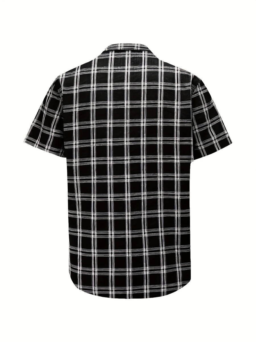 Men's casual 100% pure cotton striped checked shirt (suitable for casual wear during outings and weekend parties) Short-sleeved pocket design, button-down top - Black