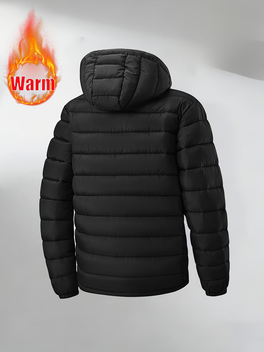 Autumn/Winter Men's Lightweight Zipper Hooded Jacket, Windproof and Warm Outdoor Hiking Travel Casual Jacket, Business Casual Short Padded Coat, Winter Inner Layer Top - Black