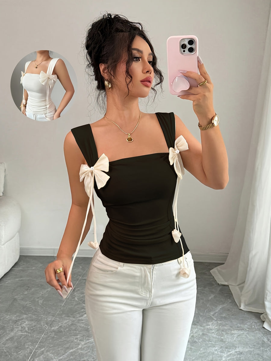3D Floral Decorated Tank Top - Black