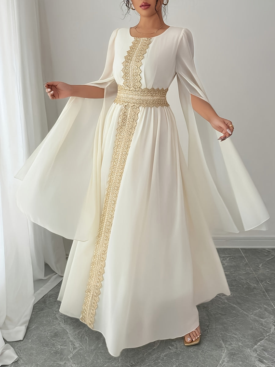 Women'S Autumn/Winter Solid Color Sequin Patchwork Tie Long Sleeve Split Chiffon Dress - Apricot