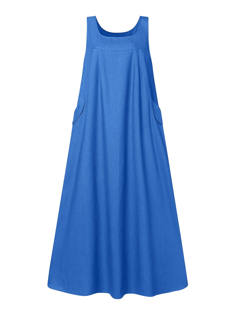 [Printed Dress - Not Faux Denim Fabric]Women'S Elegant Fashion Faux Denim Fabric Pocket Design Vest Sleeveless Long Loose Dress for Going Out, Dating, Commuting, And Versatile Dress - Sea Blue