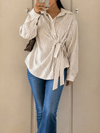 Plus Size - Spring/Autumn New French Premium Sense Striped Irregular Waist Tie Shirt - Off-white