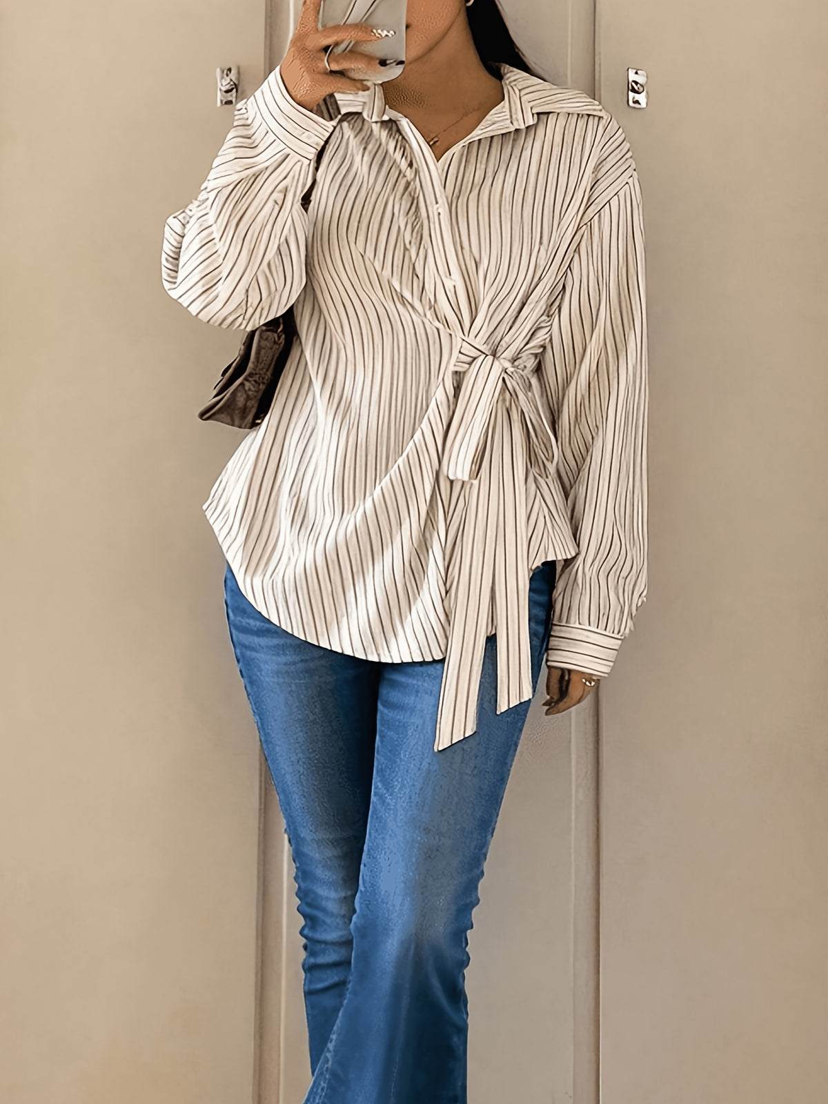 Plus Size - Spring/Autumn New French Premium Sense Striped Irregular Waist Tie Shirt - Off-white