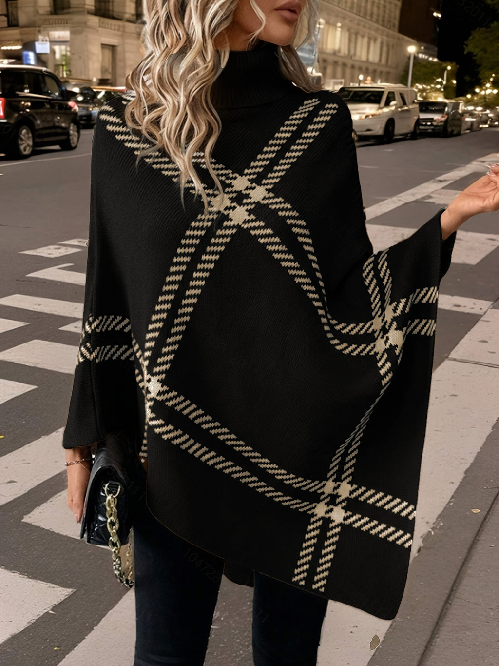 Elegant Special "Pure Body Bust" 1pc Elegant Women's Plaid High-Neck Pullover Shawl, Side Faux Button Decoration, Asymmetrical Hem Design, 100% Polyester, Fashionable Vintage Pullover, Elegant Outerwear for Autumn and Winter. Suitable for Spring - Black